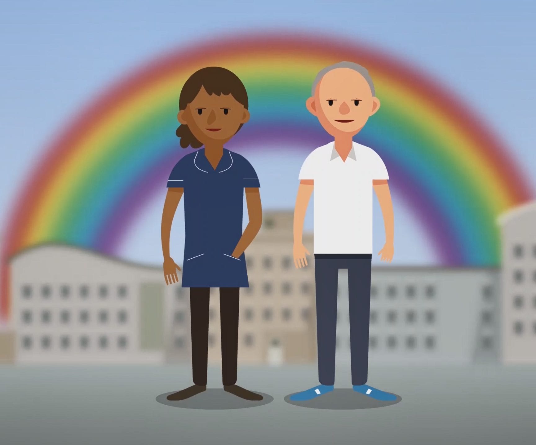 Two cartoon healthworkers with a rainbow